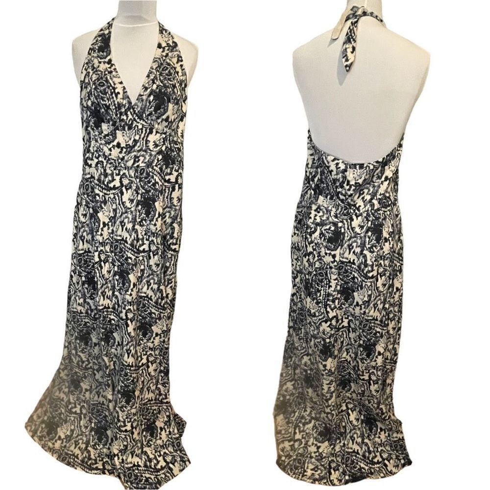 Saks 100% Linen Halter Maxi Blue White Dress Size 14 Threads Beach Vacation